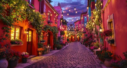 Fototapeta premium Vibrant Festive Street Scene at Dusk with String Lights and Colorful Buildings