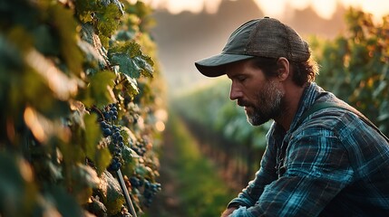 Farmer examining ripe grapes in a vineyard at sunrise with soft golden light