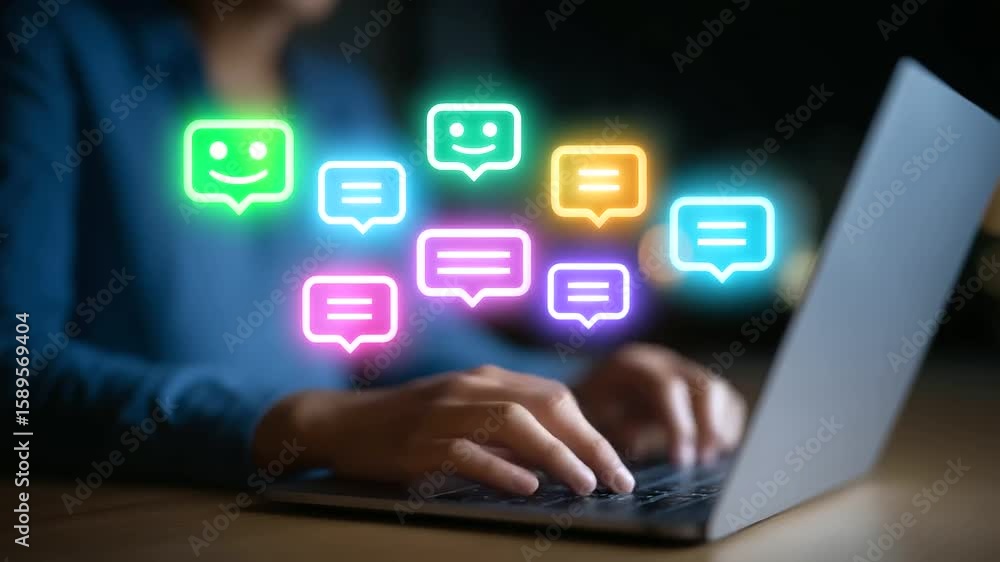 Aufkleber hands typing on a laptop with digital chatbot and speech bubble graphics overlay.