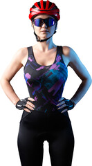 A young female cyclist wearing a safety helmet and glasses, dressed in a bib shorts poses against a...