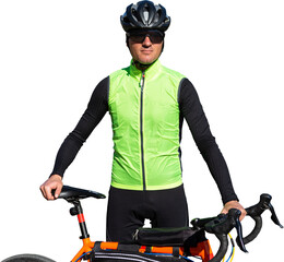 Cyclist riding bicycle on road against clear sky. A man in an outfit stands with a bicycle on an...