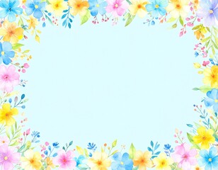 水色の背景にカラフルな花を囲んだフレームの水彩イラスト