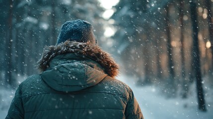 Person wearing a warm winter coat and hat walking through a snowy forest