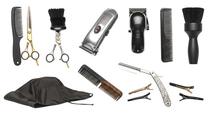 Photo of collection of barber tools including combs, scissors, clippers, and razors isolated on transparent background