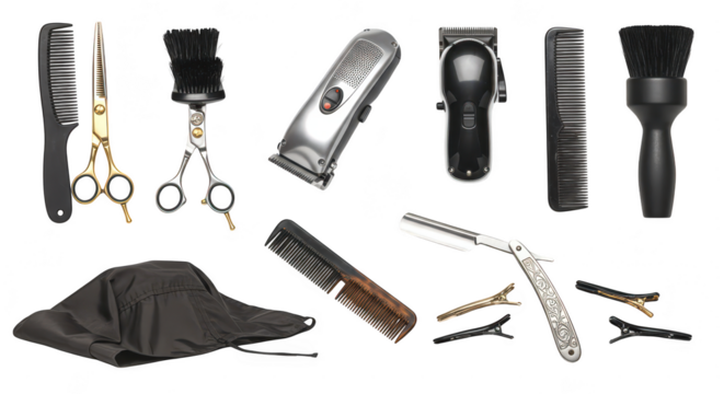 Photo of collection of barber tools including combs, scissors, clippers, and razors isolated on transparent background