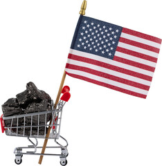 Grocery cart loaded with fossil coal selling fuel under American flag.