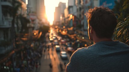 Man watches city street traffic and pedestrians at sunset with bokeh lights