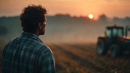 Farmer in plaid shirt gazes at sunrise over misty agricultural field with tractor