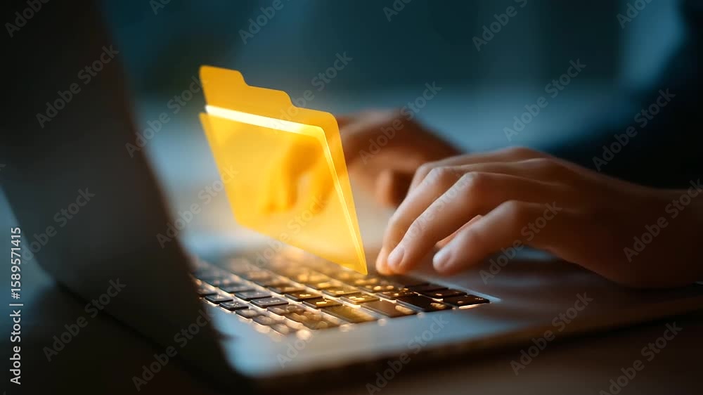 Poster detailed view of hands typing on a laptop with a digital folder hierarchy overlay.