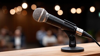 Obraz premium A microphone stands on stage, lit softly, as an audience watches, creating an electric atmosphere