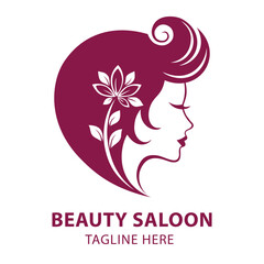 A vibrant beauty salon logo featuring a woman's profile with flowing hair and a floral accent, ideal for spas