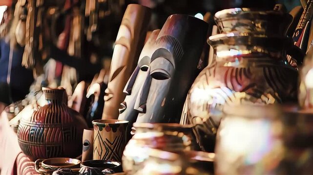 Craft market display of vases and wooden masks in warm lighting