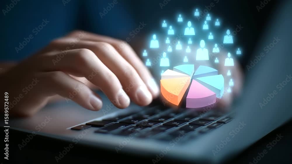 Poster hands typing on a laptop keyboard with a futuristic holographic pie chart display.
