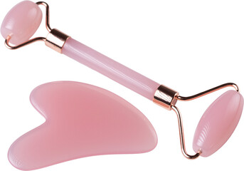 Pink Gua Sha massage tool on a white background, close-up. Rose Quartz jade roller.