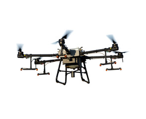 Agricultural technology smart farm concept. Farmer technicians remotely fly agricultural drones to...