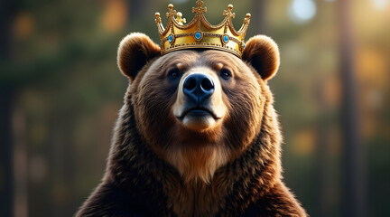 Fototapeta premium Majestic brown bear wearing golden crown with blue jewels in forest setting, showing strength and regality in natural light