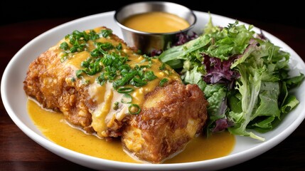 Fototapeta premium Delicious fish fillet with yellow sauce and a vibrant salad, beautifully presented in studio lighting