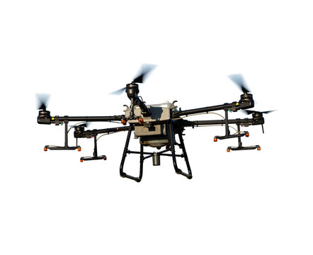 Agricultural technology smart farm concept. Farmer technicians remotely fly agricultural drones to fly to spray fertilizer in fields.