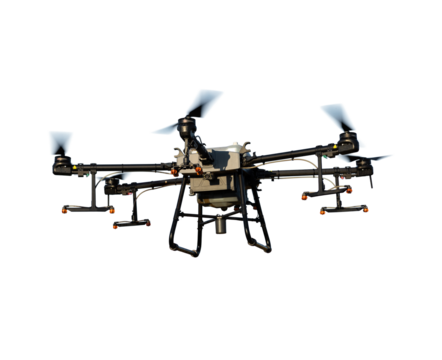 Agricultural technology smart farm concept. Farmer technicians remotely fly agricultural drones to fly to spray fertilizer in fields.