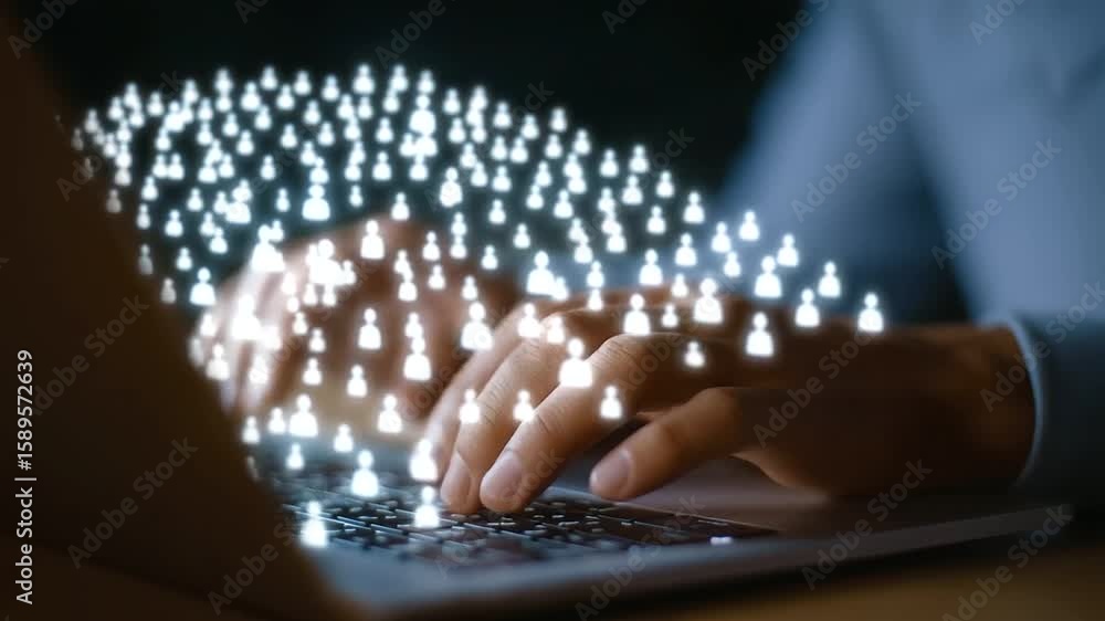 Poster hands typing on a laptop with digital user avatars hovering above.