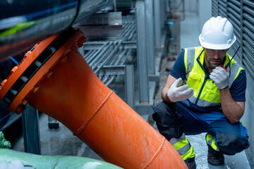Engineer or technician worker use walkie talkie to contact co-worker  during work with steel pipe...