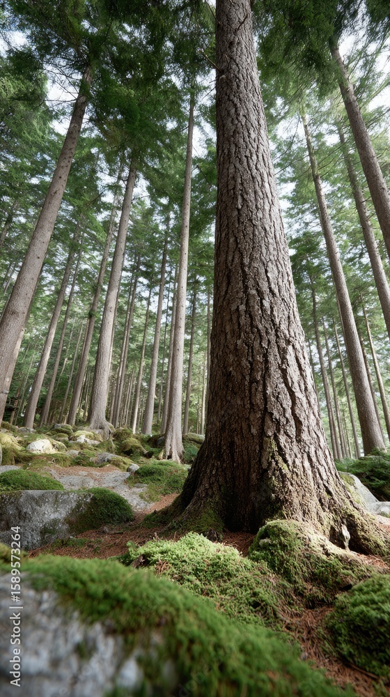 Poster experience a majestic tree with lush green leaves extending towards the canopy in a tranquil forest 