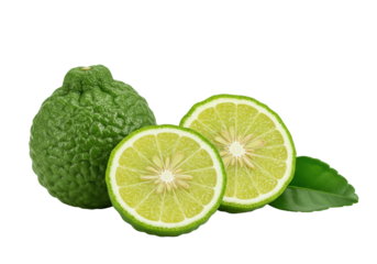 A whole kaffir lime fruit with bumpy dark green rind, two halves revealing pale green-yellow segmented pulp, and a green kaffir lime leaf, on a clean white studio background with bright shadowless