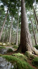 Obraz premium Experience a majestic tree with lush green leaves extending towards the canopy in a tranquil forest setting