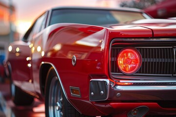 Classic red muscle car parked at sunset, with visible taillight and reflections