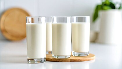 Three glasses of milk on a wooden coaster