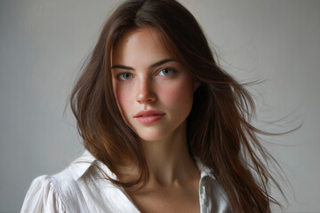 Close-up portrait of a young woman with flowing brown hair and natural makeup against a neutral background
