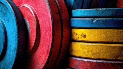 Colorful weight plates stacked