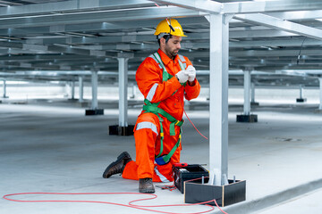 Professional technician worker or engineer try to repair or fix the problem during maintenance or...