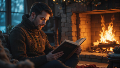 A cozy winter evening, a man reading by the fireplace, a warm atmosphere, photography