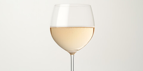 Elegant glass of white wine with delicate bubbles. Minimalist composition on a bright neutral background.