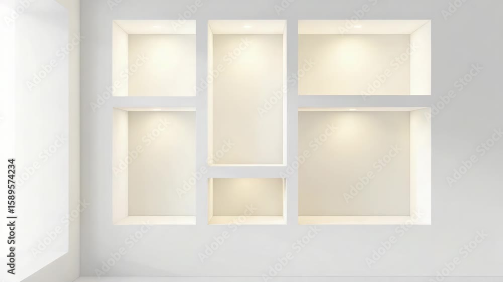 Poster a minimalist interior with a shelf and a window, great for use in design or architecture projects