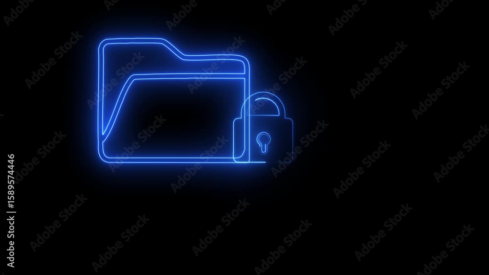 Poster glowing green neon icon of a secure folder with a lock symbol on a black background 4k