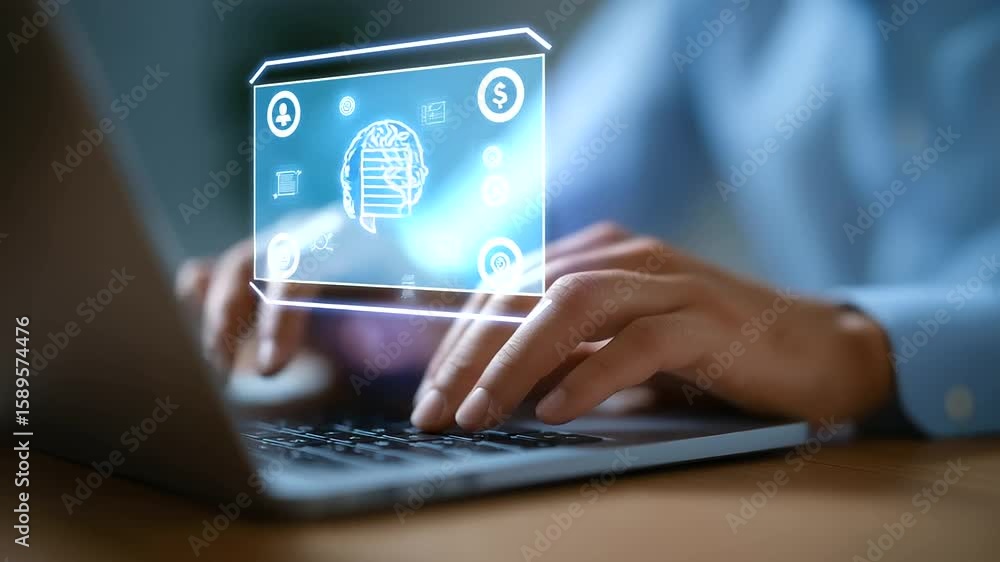 Poster hands interacting with a laptop displaying a futuristic holographic ai interface.