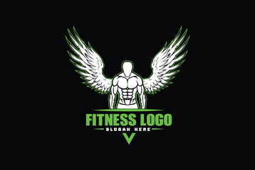 winged bodybuilder. Bodybuilder fitness models illustration, power strength logo for fitness club, gym sports fitness club, fighting club	
