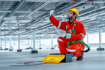 Professional technician worker or engineer use tools for maintenance or check system under...