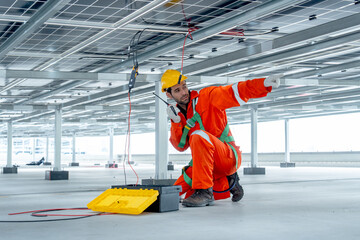 Professional technician worker or engineer use walkie talkie to contact his co-worker and point to his left side during maintenance or check system under solar cell panel.