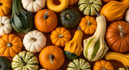 A vibrant overhead arrangement of various pumpkins and gourds, showcasing seasonal harvest.
