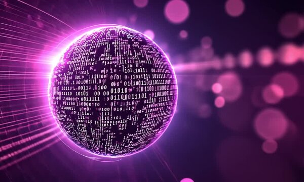 Digital sphere of binary code, glowing purple