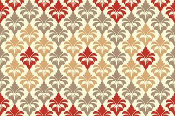 seamless damask floral pattern, cream background with red green and gold color