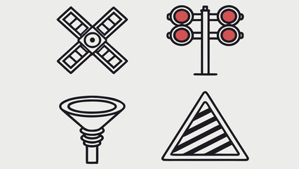 Fototapeta premium Railroad crossing signal and warning signs icons traffic signal triangle sign