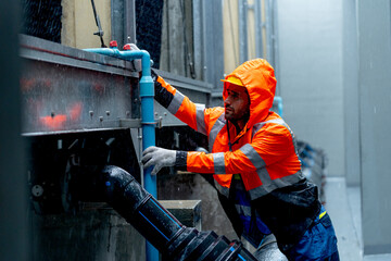 Medium shot factory worker or technician with raincoat check and maintenance pipe system in area of factory building during raining.