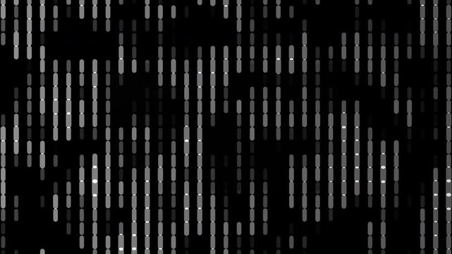 Minimal abstract digital background with white and gray rounded vertical bars on black backdrop. Seamless geometric motion pattern in tech style. Simple futuristic animation for modern design