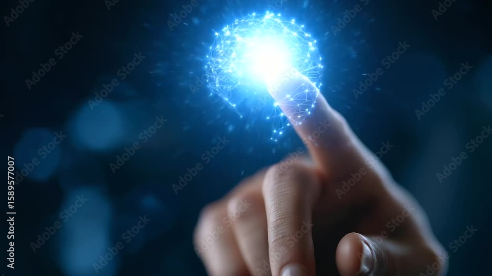 Poster a hand gestures towards a digital ai head icon, surrounded by intricate network lines.