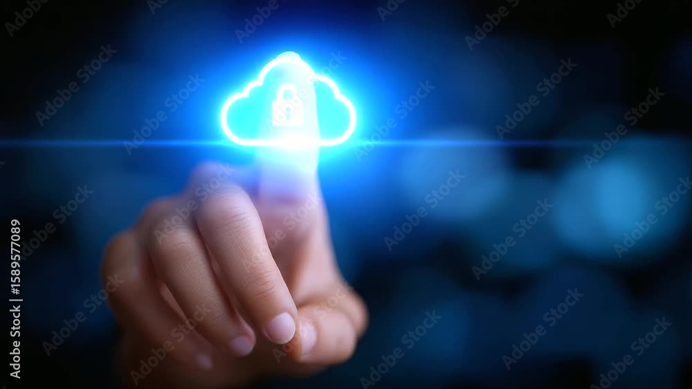 Poster a fingertip interacts with a digital cloud storage interface, selecting a cloud icon.
