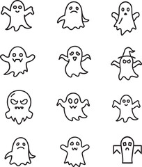 Halloween Ghost Character Icons with Various Expressions